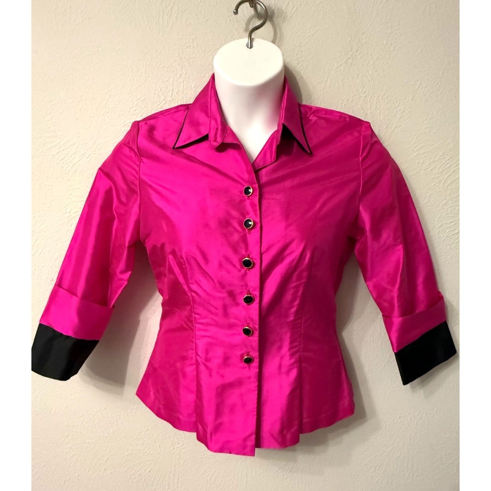 Marisa Baratelli 100% Thai Silk size 6 button up blouse Hot Pink Black